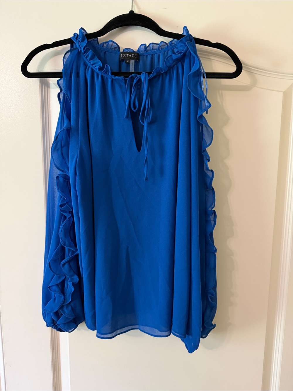 STATE Ruffle-Trim Tie-Neck Blouse - Blue